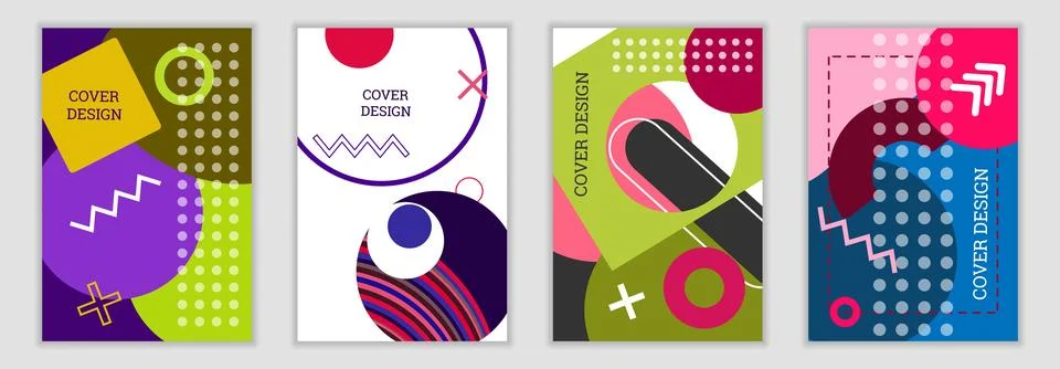 Bright background in Memphis style. Set of geometric cover designs. Fashion.. Stock Illustration