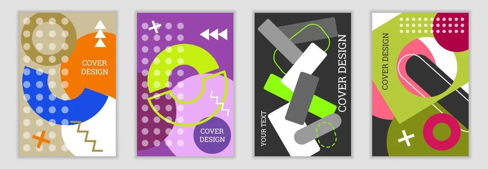 Bright background in Memphis style. Set of geometric cover designs. Fashion.. Stock Illustration