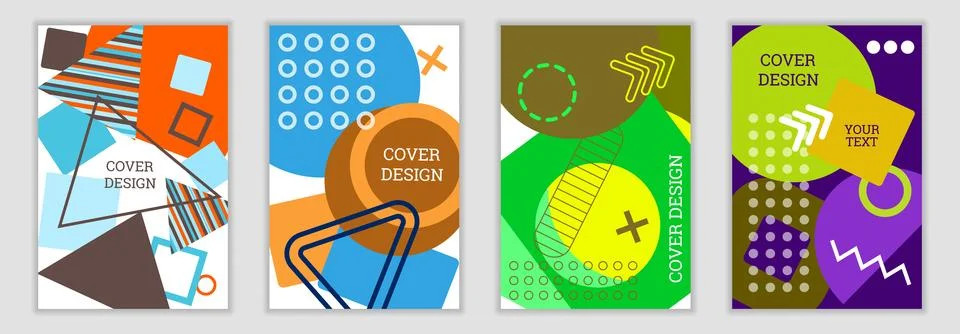 Bright background in Memphis style. Set of geometric cover designs. Fashion.. Stock Illustration