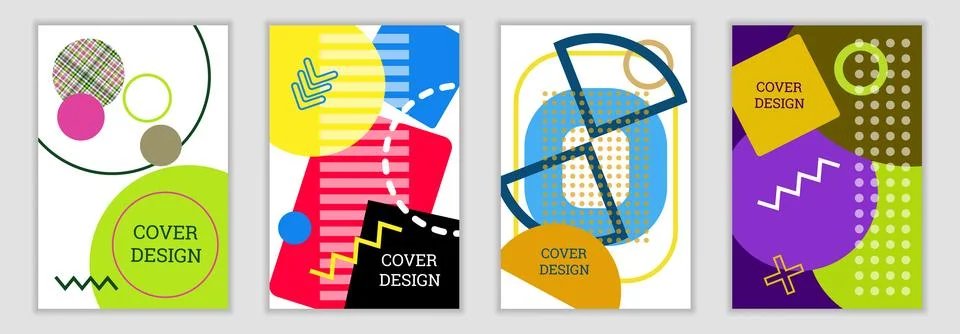 Bright background in Memphis style. Set of geometric cover designs. Fashion.. Stock Illustration