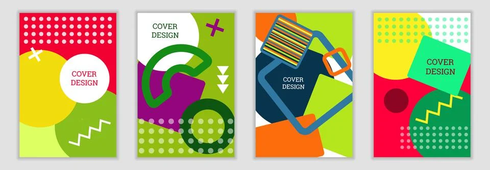 Bright background in Memphis style. Set of geometric cover designs. Fashion.. Stock Illustration