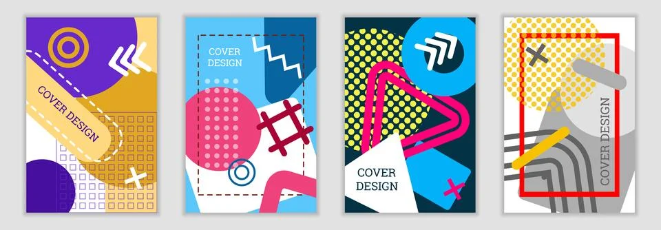 Bright background in Memphis style. Set of geometric cover designs. Fashion.. Stock Illustration