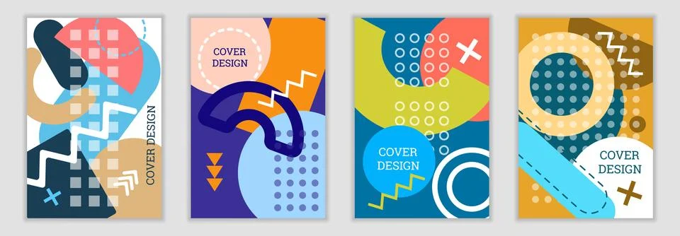Bright background in Memphis style. Set of geometric cover designs. Fashion.. Stock Illustration