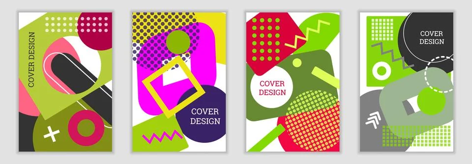 Bright background in Memphis style. Set of geometric cover designs. Fashion.. Stock Illustration