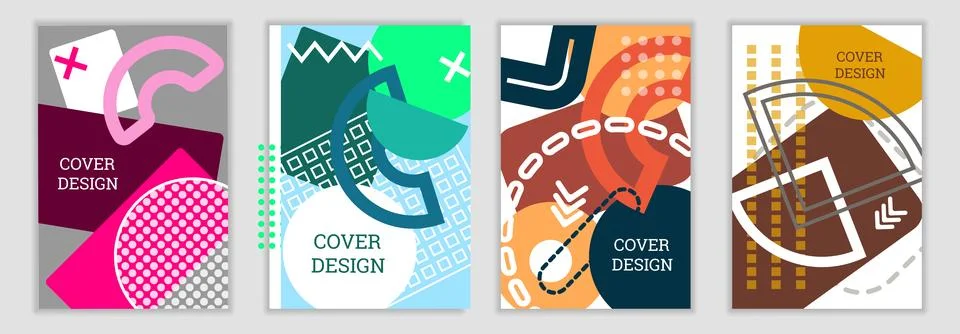 Bright background in Memphis style. Set of geometric cover designs. Fashion.. Stock Illustration