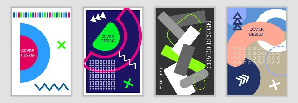 Bright background in Memphis style. Set of geometric cover designs. Fashion.. Stock Illustration