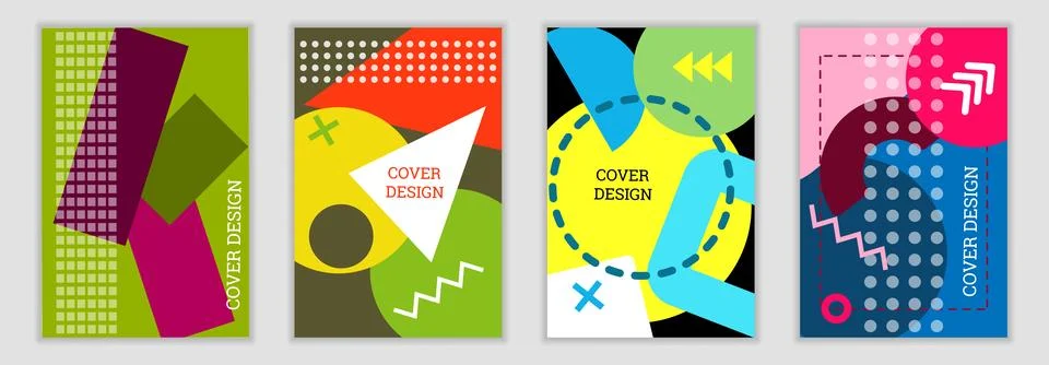 Bright background in Memphis style. Set of geometric cover designs. Fashion.. Stock Illustration