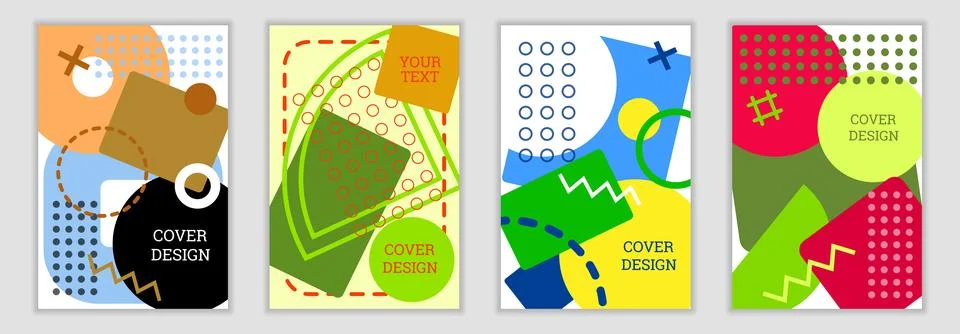 Bright background in Memphis style. Set of geometric cover designs. Fashion.. Stock Illustration