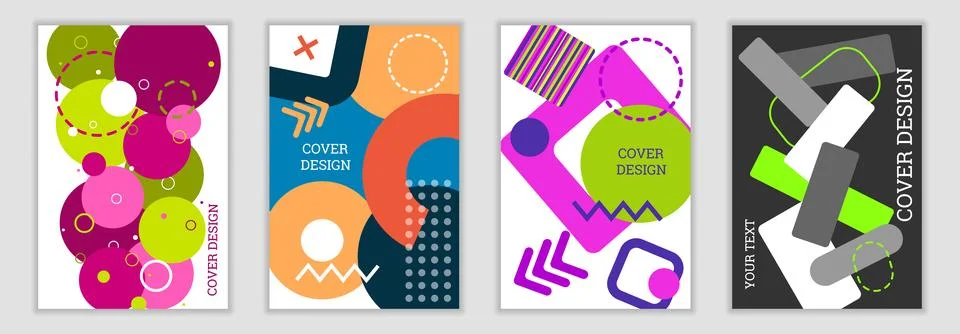 Bright background in Memphis style. Set of geometric cover designs. Fashion.. Stock Illustration
