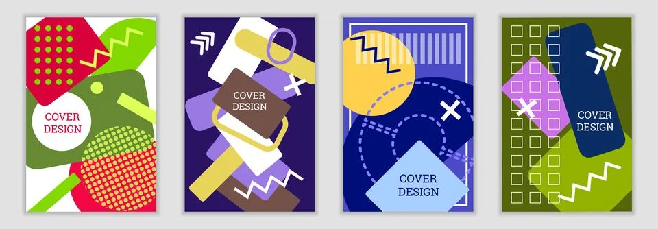 Bright background in Memphis style. Set of geometric cover designs. Fashion.. Stock Illustration