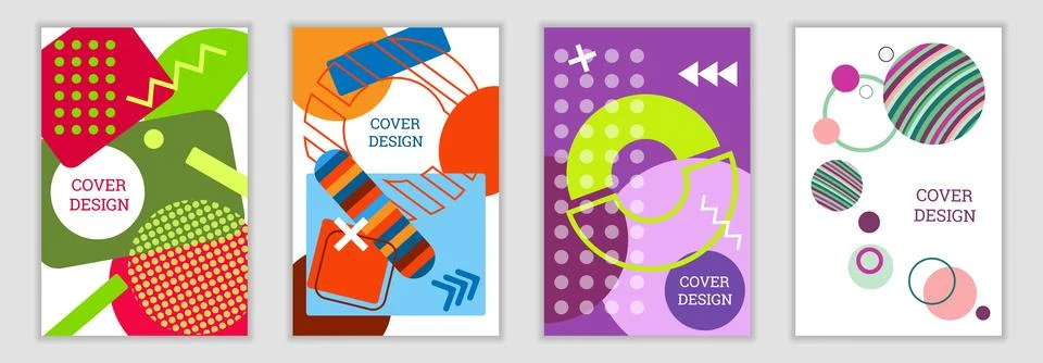 Bright background in Memphis style. Set of geometric cover designs. Fashion.. Stock Illustration