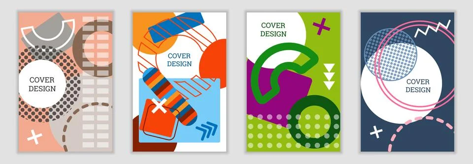 Bright background in Memphis style. Set of geometric cover designs. Fashion.. Stock Illustration