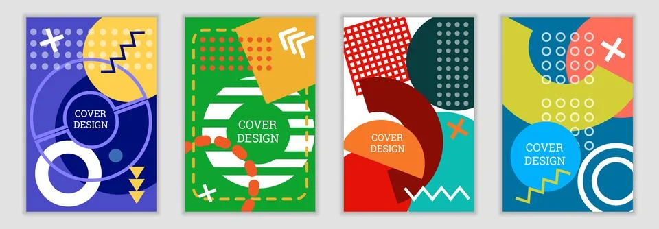Bright background in Memphis style. Set of geometric cover designs. Fashion.. Stock Illustration
