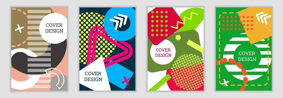 Bright background in Memphis style. Set of geometric cover designs. Fashion.. Stock Illustration