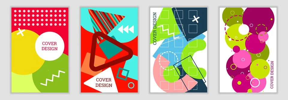 Bright background in Memphis style. Set of geometric cover designs. Fashion.. Stock Illustration