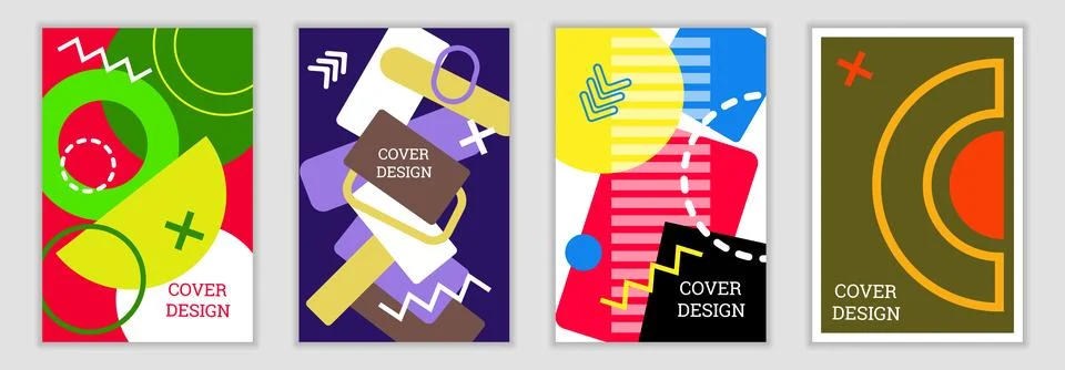 Bright background in Memphis style. Set of geometric cover designs. Fashion.. Stock Illustration