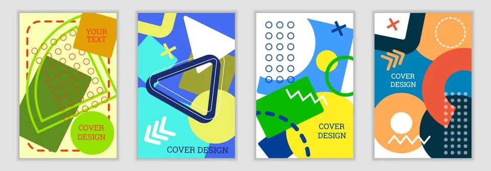 Bright background in Memphis style. Set of geometric cover designs. Fashion.. Stock Illustration