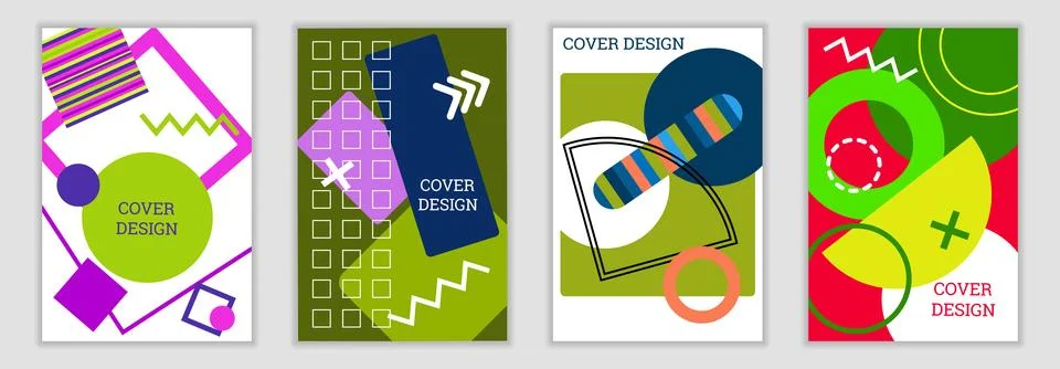 Bright background in Memphis style. Set of geometric cover designs. Fashion.. Stock Illustration
