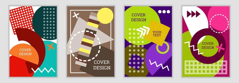 Bright background in Memphis style. Set of geometric cover designs. Fashion.. イラスト素材