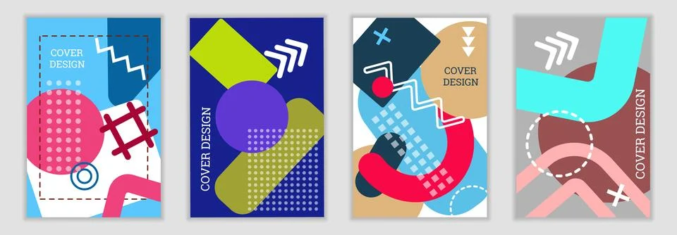Bright background in Memphis style. Set of geometric cover designs. Fashion.. Illustrazione stock