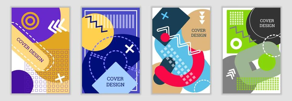 Bright background in Memphis style. Set of geometric cover designs. Fashion.. Stock Illustration