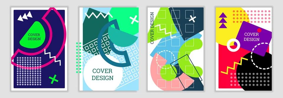 Bright background in Memphis style. Set of geometric cover designs. Fashion.. Stock Illustration