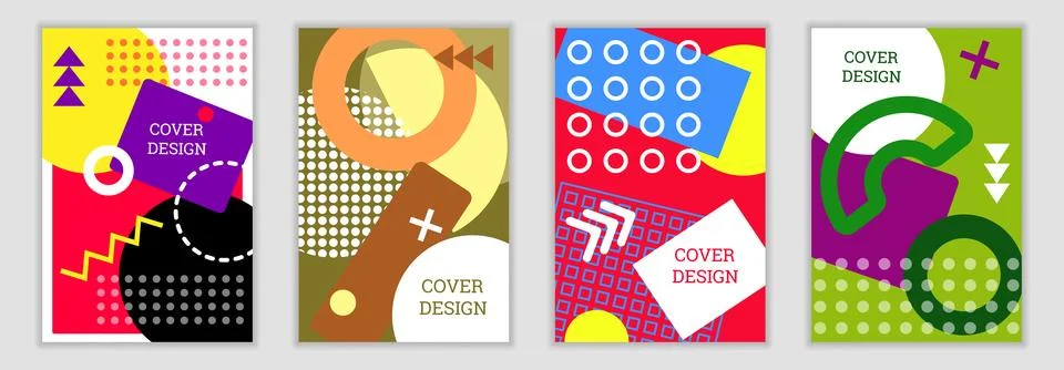 Bright background in Memphis style. Set of geometric cover designs. Fashion.. Stock Illustration