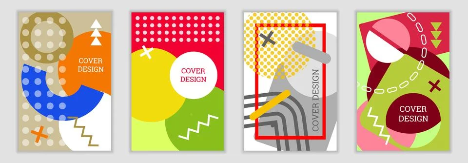 Bright background in Memphis style. Set of geometric cover designs. Fashion.. Stock Illustration
