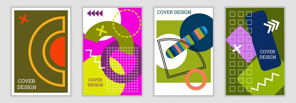 Bright background in Memphis style. Set of geometric cover designs. Fashion.. Stock Illustration
