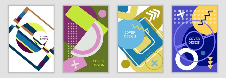 Bright background in Memphis style. Set of geometric cover designs. Fashion.. Stock Illustration