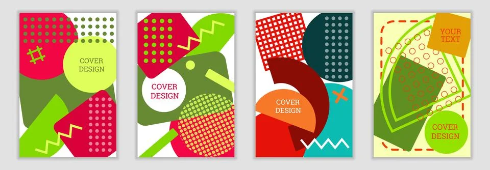 Bright background in Memphis style. Set of geometric cover designs. Fashion.. Stock Illustration
