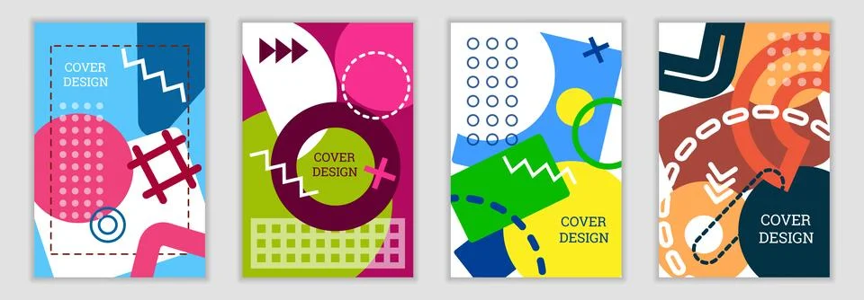 Bright background in Memphis style. Set of geometric cover designs. Fashion.. Stock Illustration