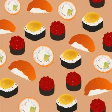 Bright background rolls and sushi on a beige background Stock Illustration