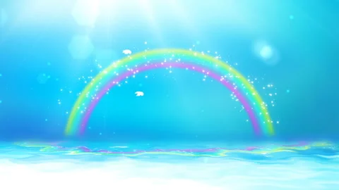 Bright background with sunshine, blue sky, rainbow and sea. Stock Footage 104927460