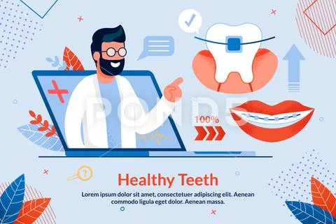 Bright Banner Healthy Teeth Lettering Cartoon. Stock Illustration