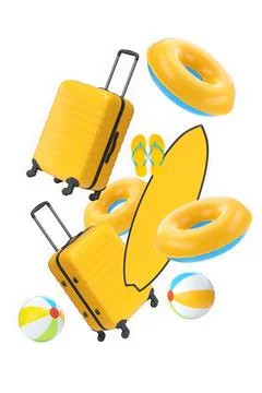 Bright beach and vacation essentials including suitcases, float rings, surf.. Stock Illustration