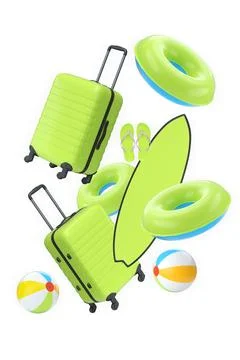 Bright beach and vacation essentials including suitcases, float rings, surf.. Illustrazione stock
