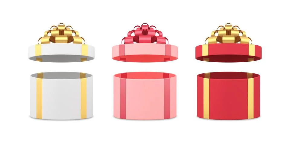 Bright beautiful empty wrapped multicolored gift boxes with open cap unpack.. Stock Illustration