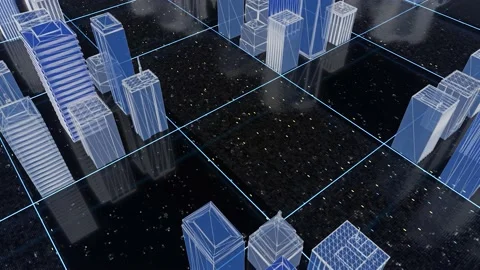 Bright beautiful neon wireframe of abstract digital city center with skyscrapers Stock Footage 159127993