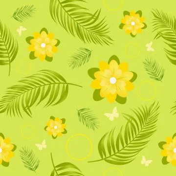 Bright beautiful vector tropical pattern with flowers and butterflies on a green Stock Illustration