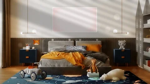Bright bedroom with animated shadow and wall panel Stock Footage 201265259