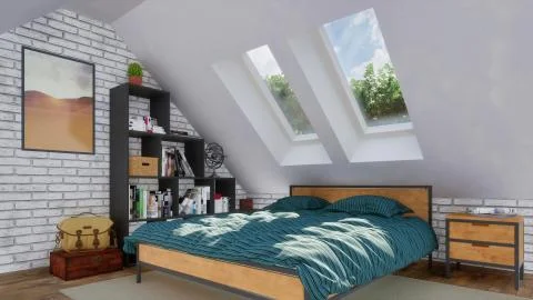 Bright bedroom interior in attic with double bed Stock Illustration