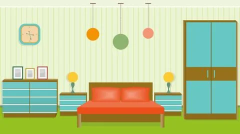 Bright bedroom interior in flat style Stock Illustration