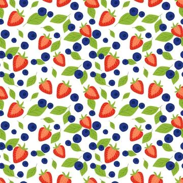 Bright berry pattern of strawberry and blueberry with mint leaves, fruit pa.. Illustrazione stock