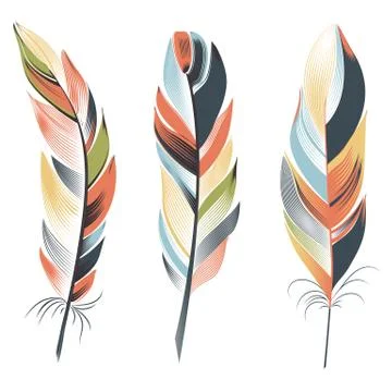 Bright big feathers on a white background. Boho style Stockillustratie