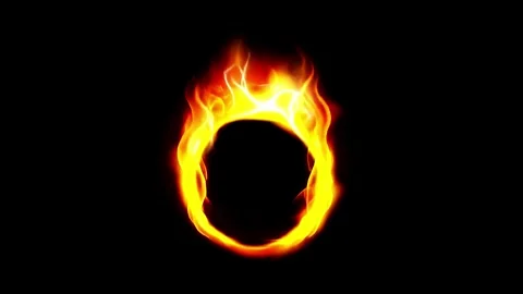 A bright blazing ring of fire with slowly spinning on the black background Stock Footage 311366561