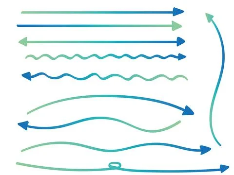 Bright blue and green gradient handwritten long arrows set. Stock Illustration