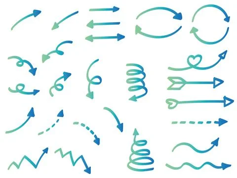 Bright blue and green gradient handwritten twirling arrows set. Stock Illustration