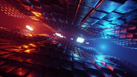 Bright Blue and Orange Lights Shining Over a Geometric Cube Landscape. 4K Video stock 314887174