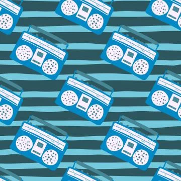 Bright blue and white colored tape recorder seamless pattern. Stripped backgr Illustrazione stock